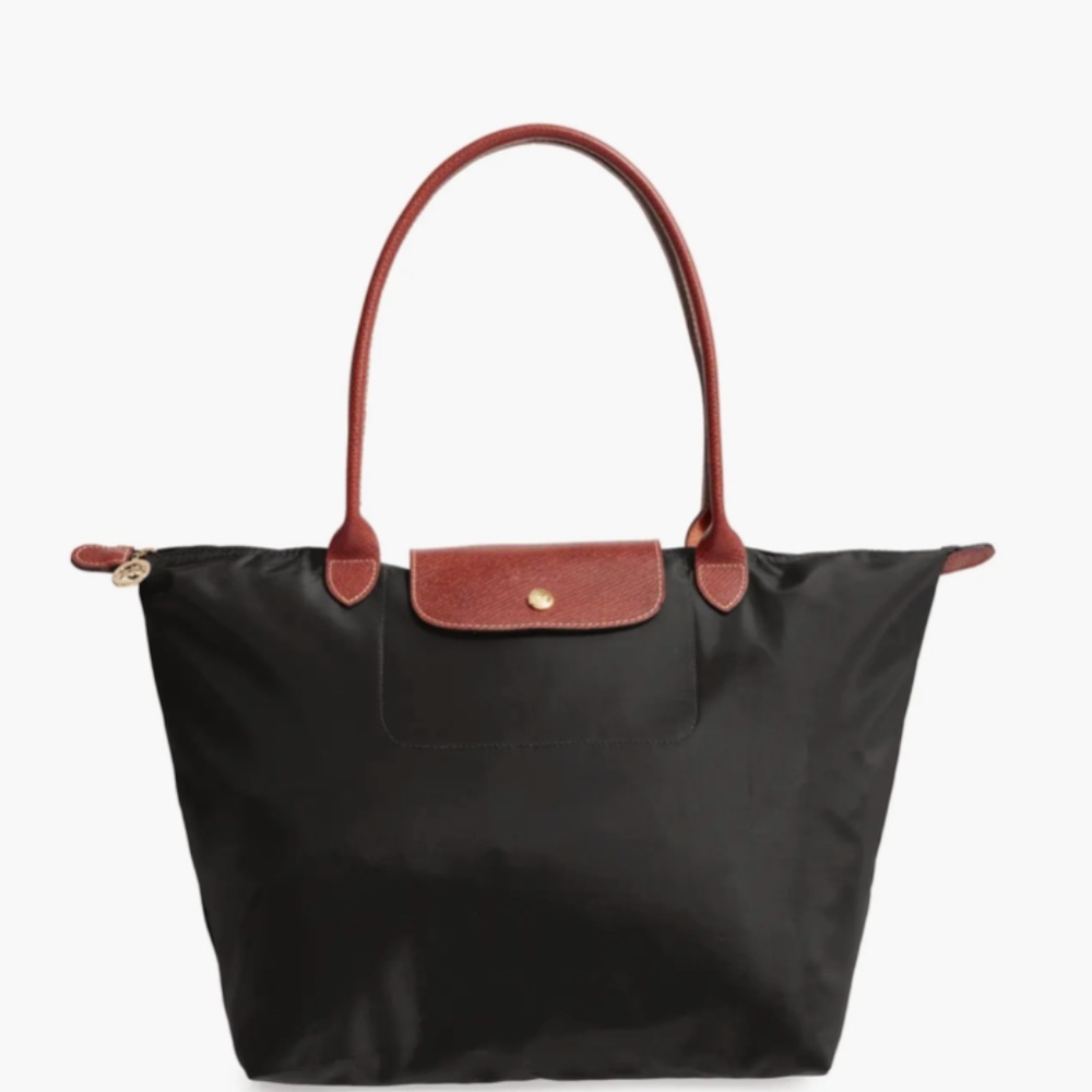 LONGCHAMP Le Pliage Tote BagLarge Black Nylon and Brown Leather with Gold Zipper